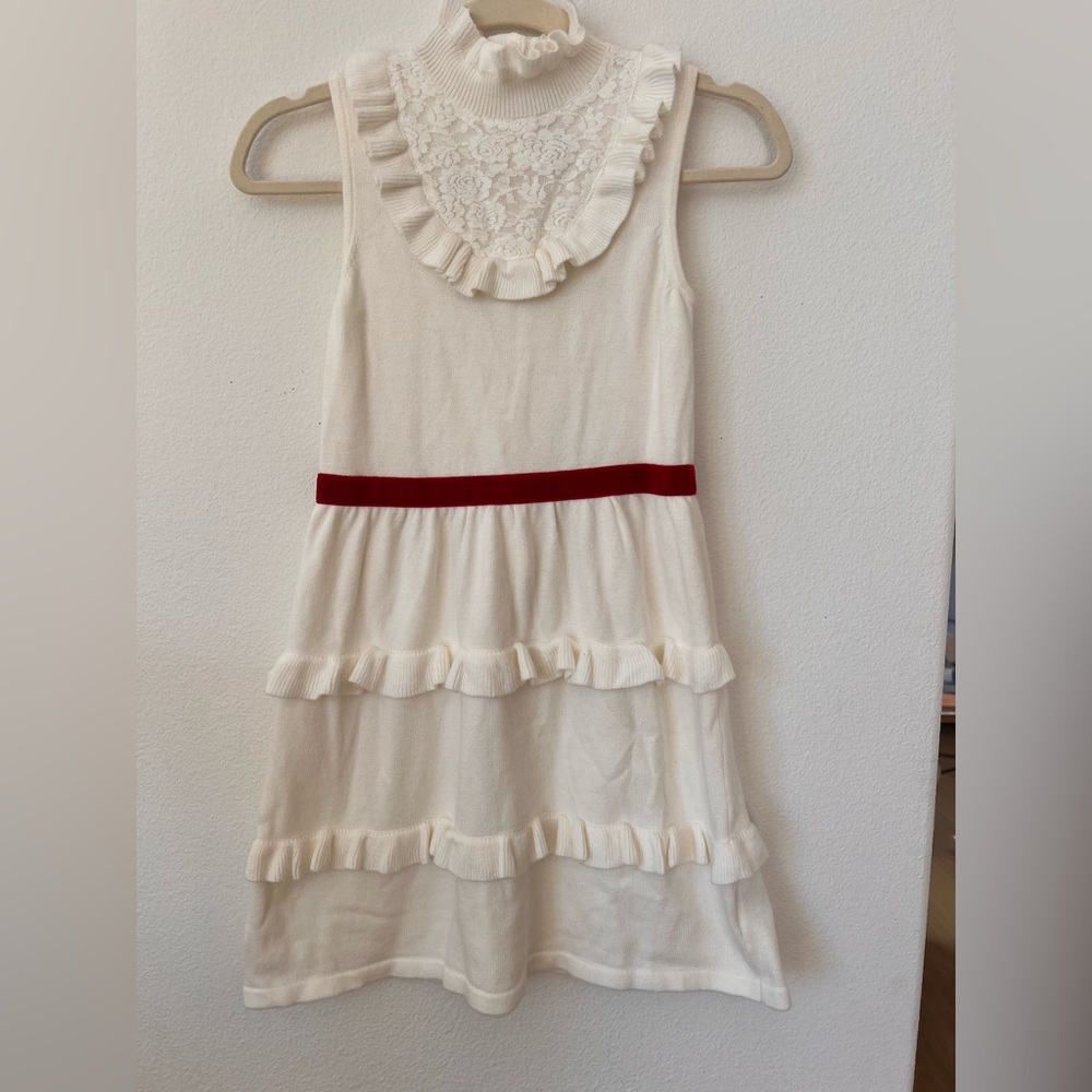 NWT Janie & Jackie White Holiday Sweater Dress With Lace-Red Velvet Trim 10 NWT